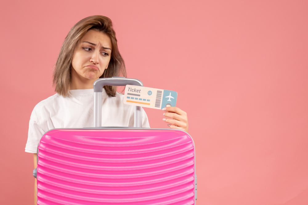 a woman is unhappily holding a flight ticket