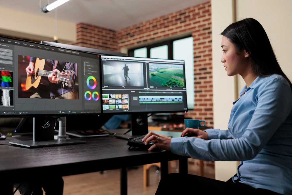 asian professional video editor sitting at multi monitor workspace