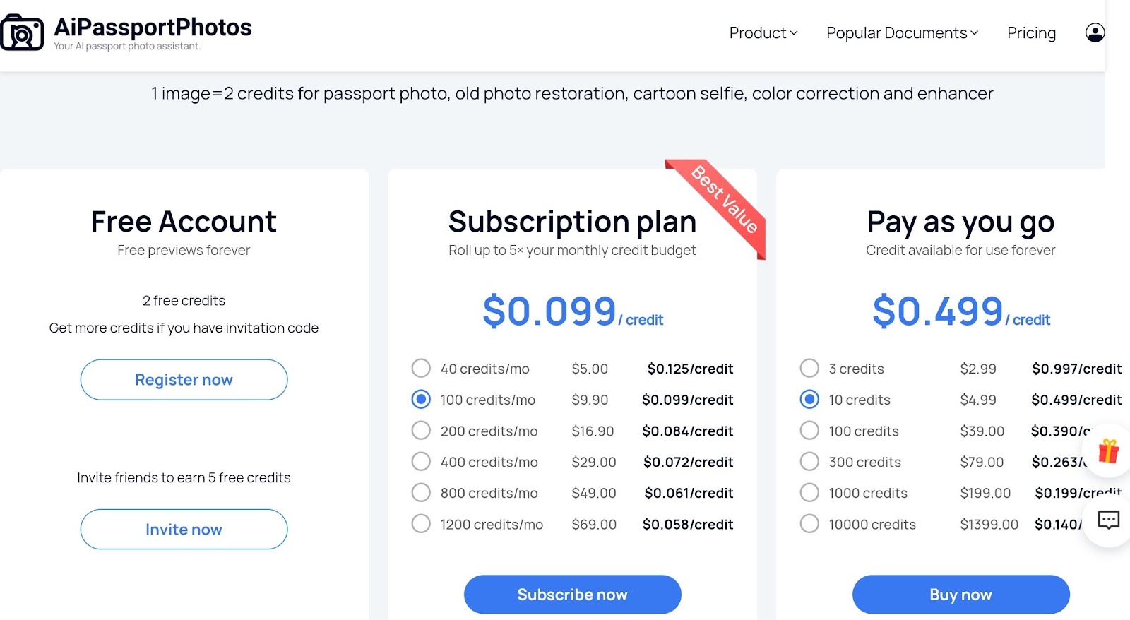 pricing page of AiPassportPhotos