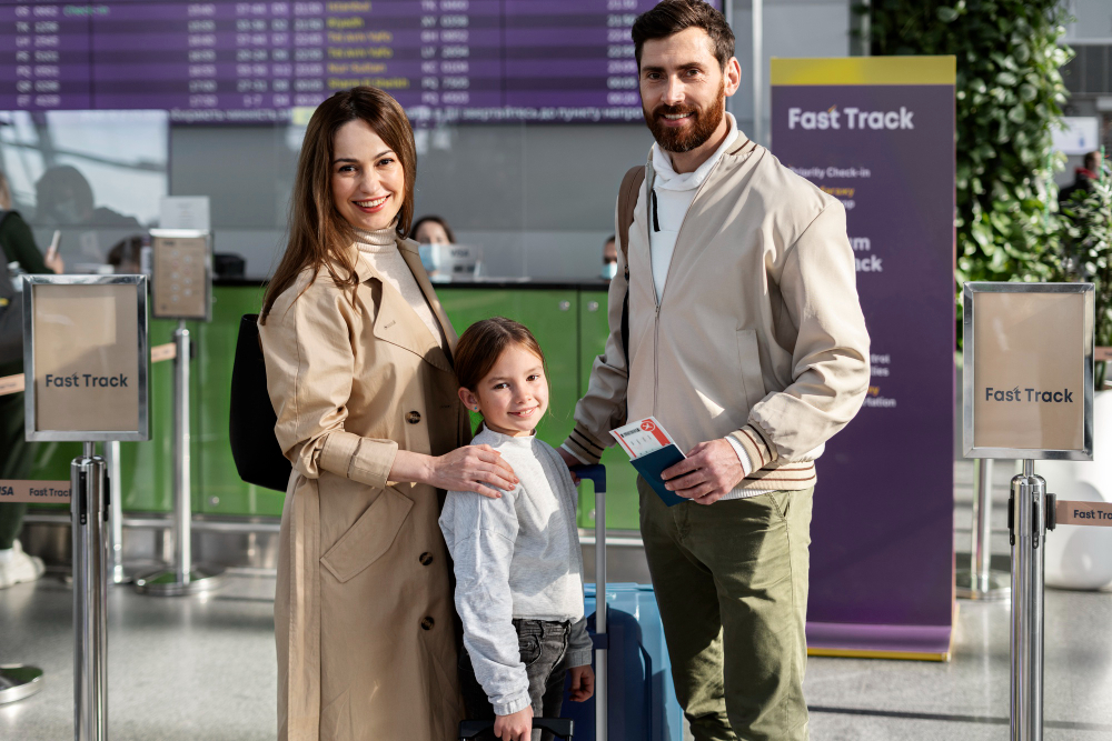 medium shot smiley family traveling