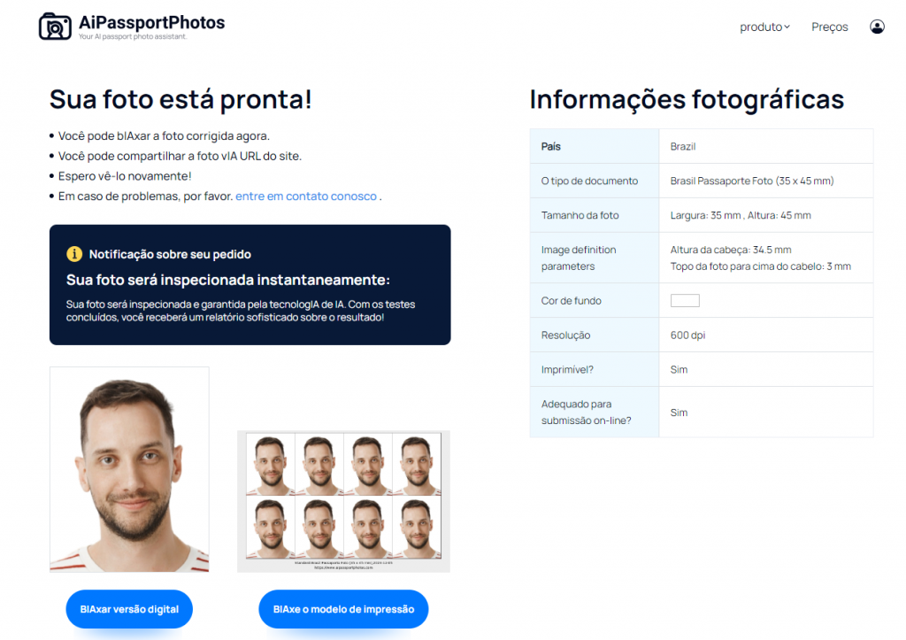 resulting page of brazil passport photo online maker