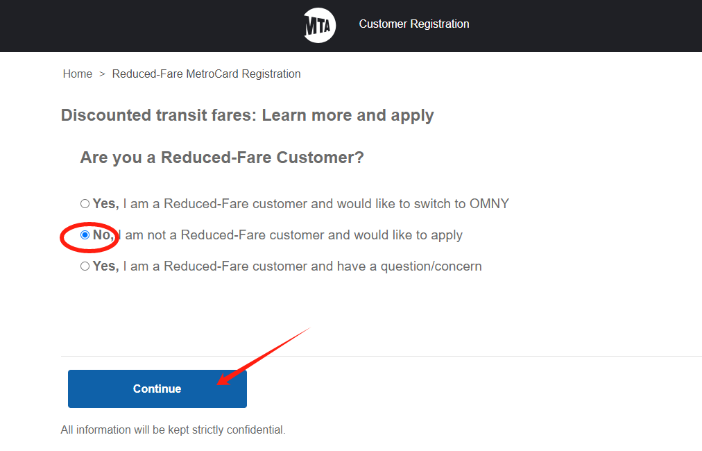 MTA registration page for reduced-fare option