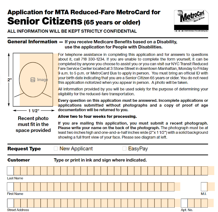 Senior Citizen Metrocard Application form