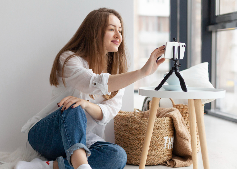 a woman using a phone with a tripod