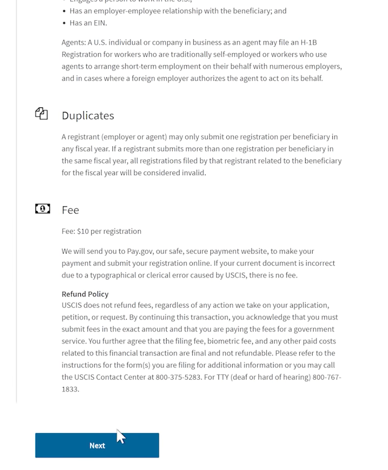 Click on "Next" after learning about the H1B visa requirements, fees, and other information.