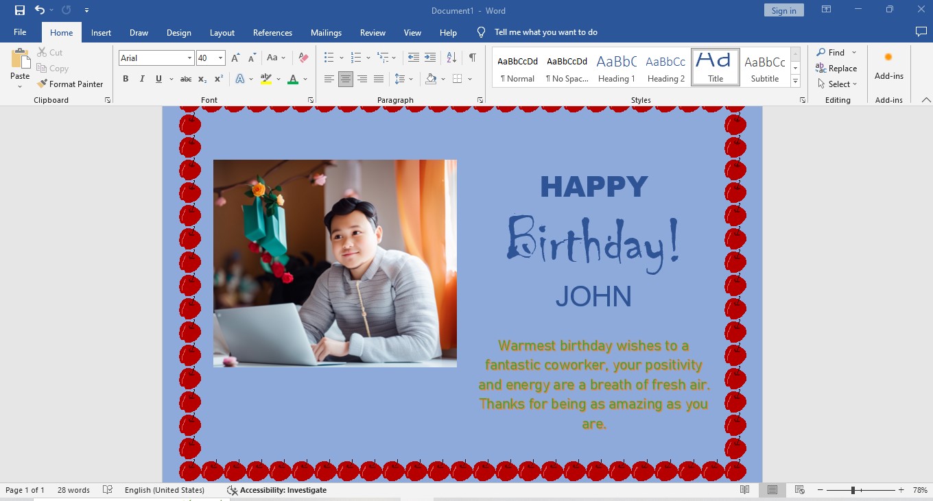 make birthday wish on Word