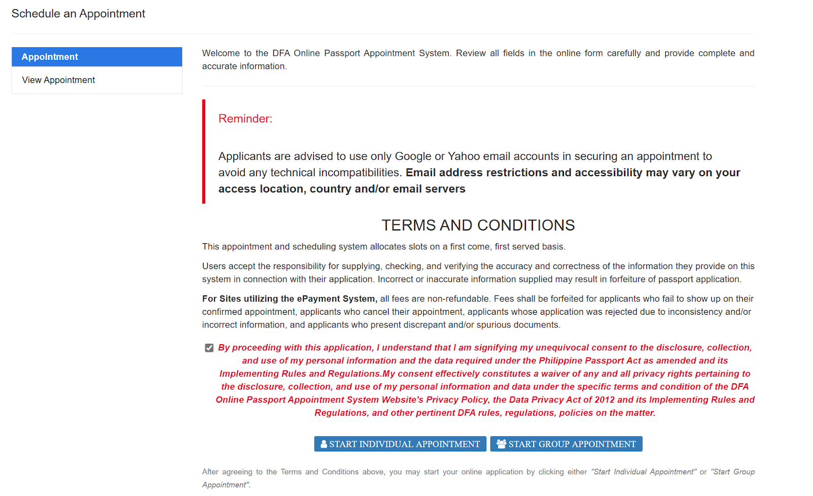 start group appointment on DFA official website