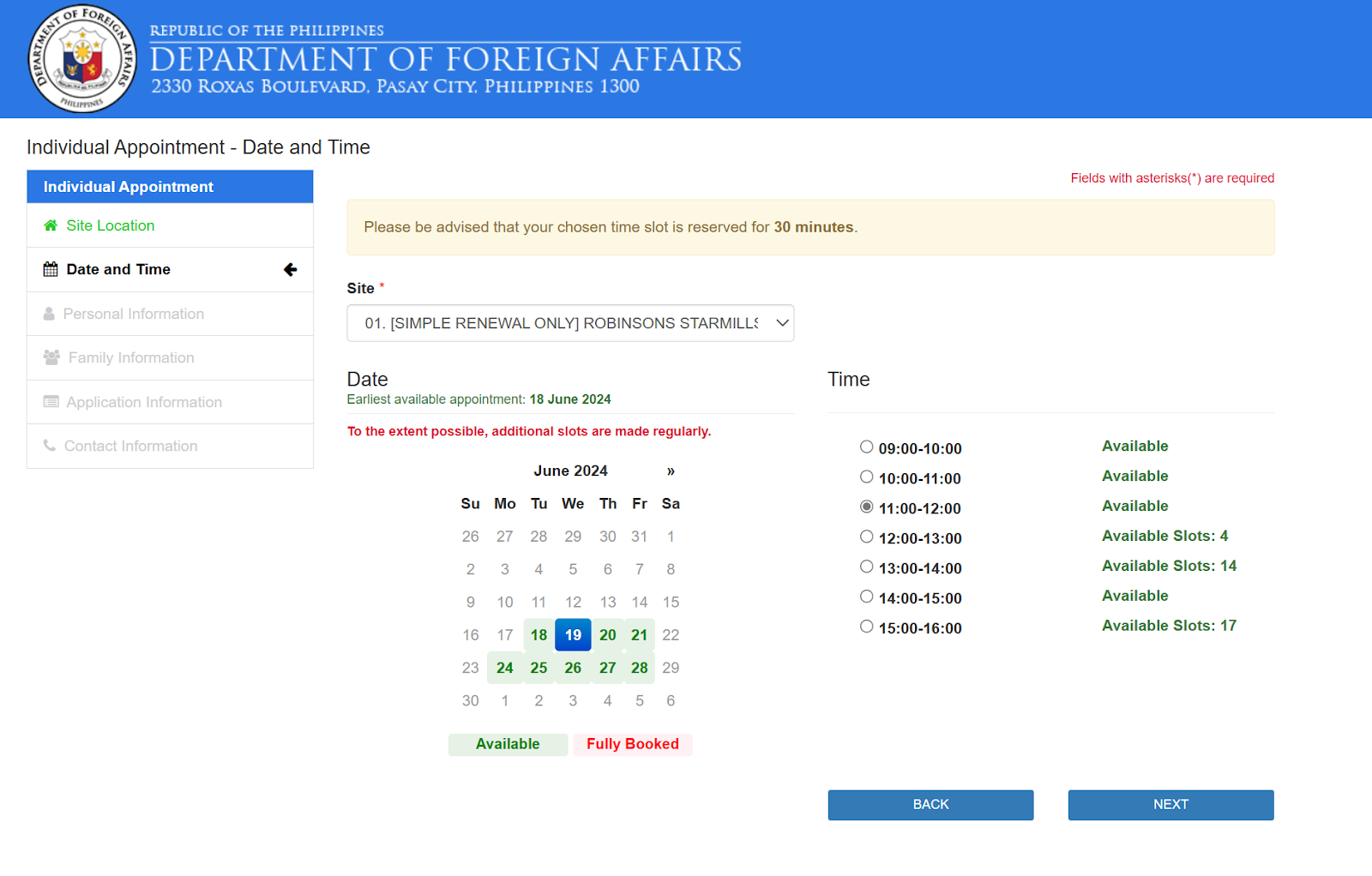 choose an available time slot on DFA official website