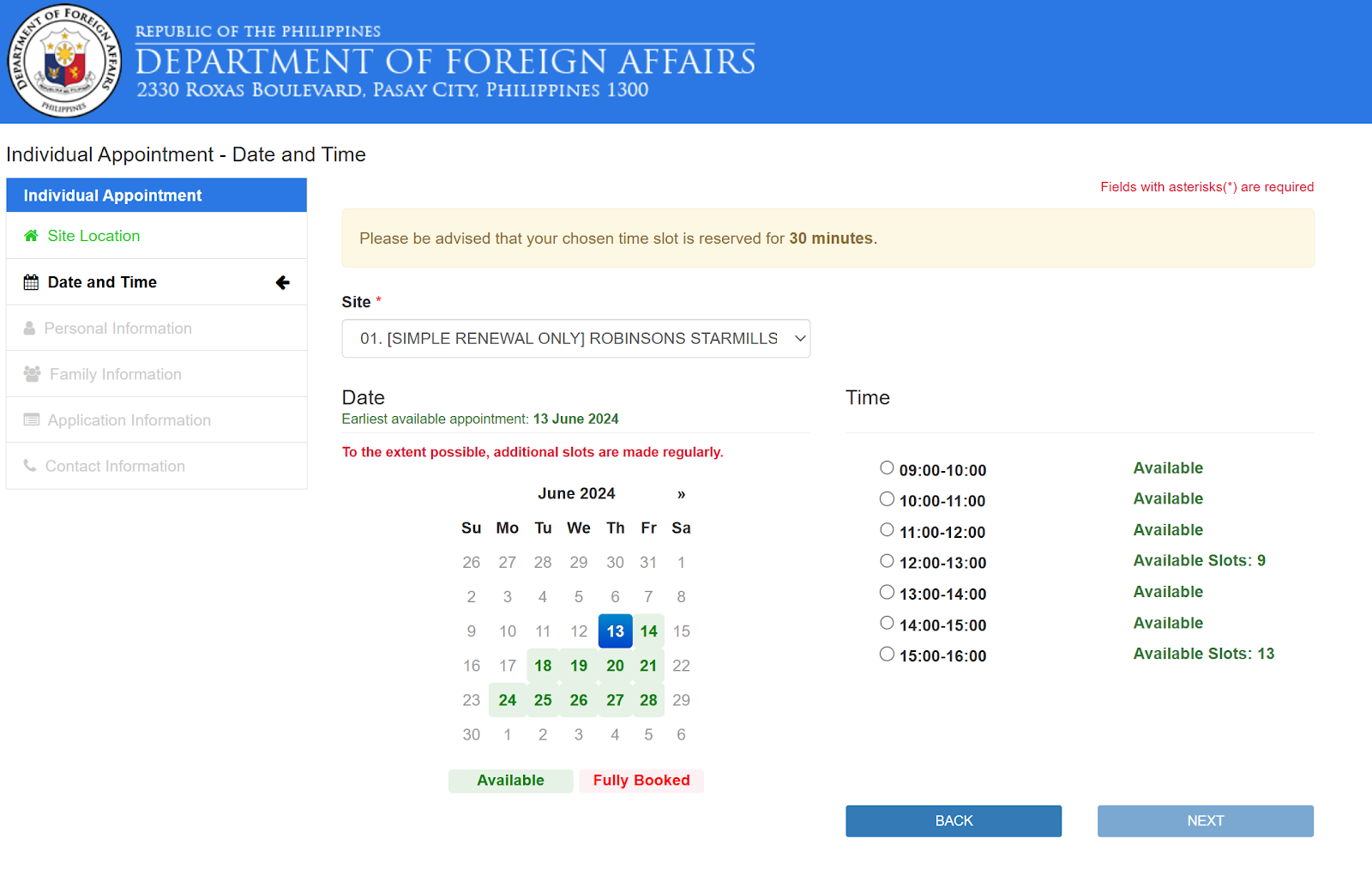 select a date on DFA website