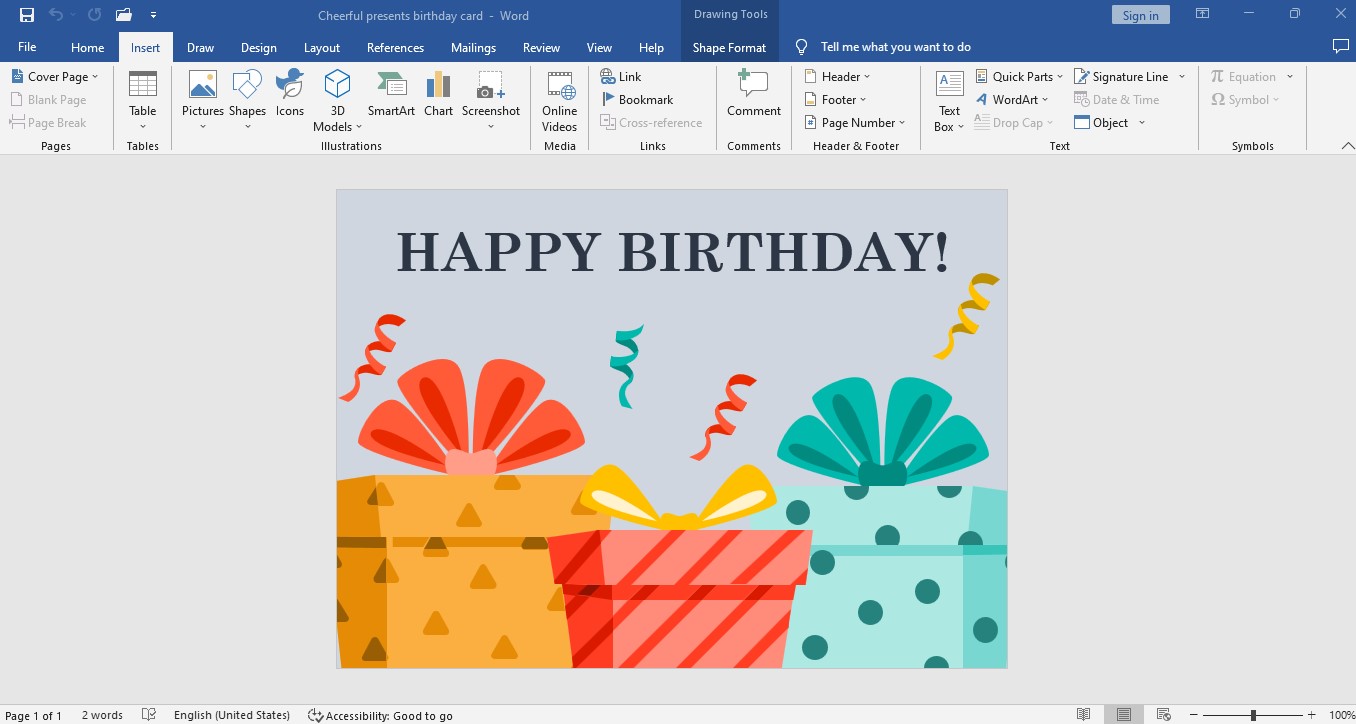 birthday card in Microsoft Word