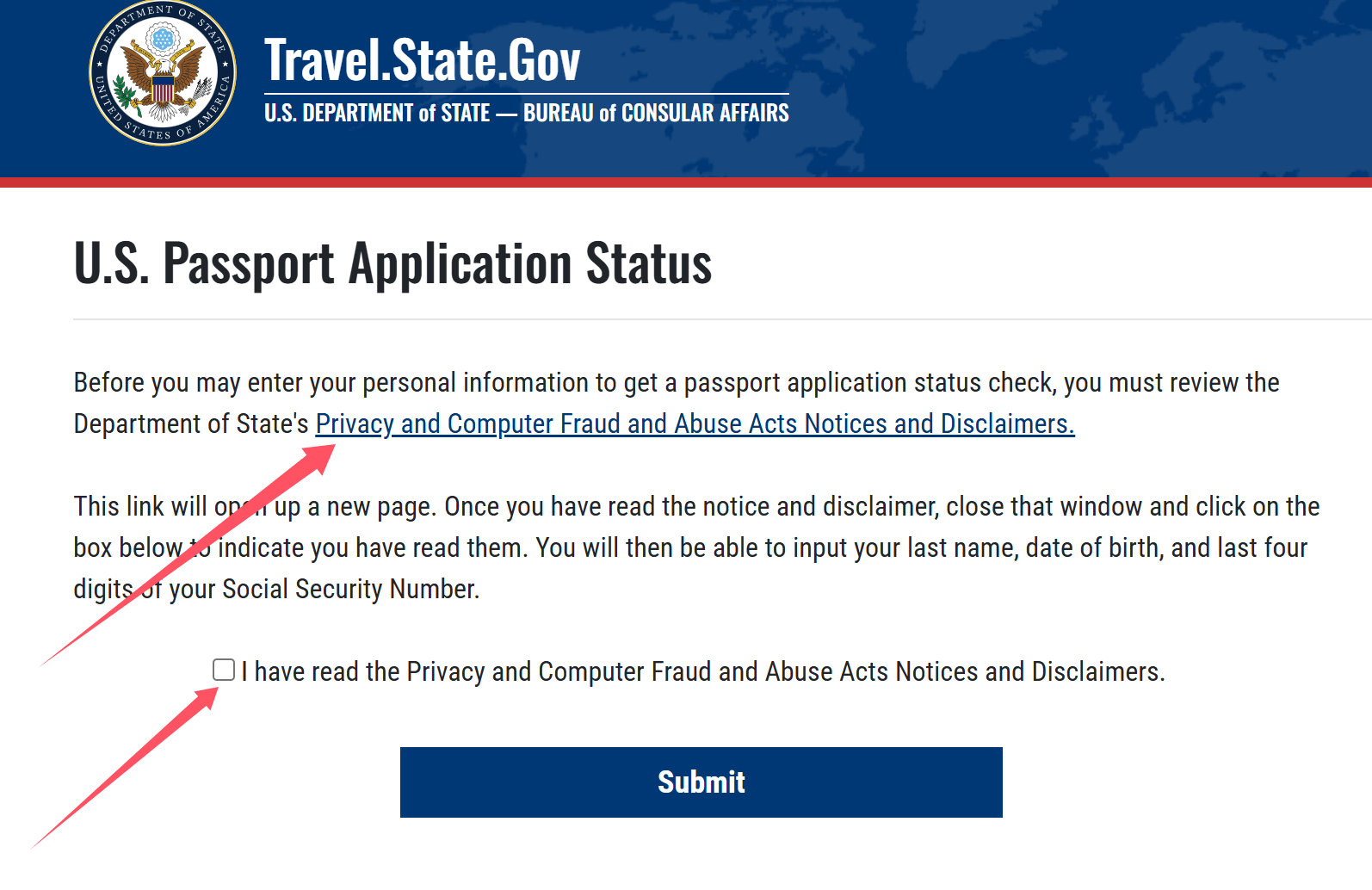 U.S. Passport Application Status tool