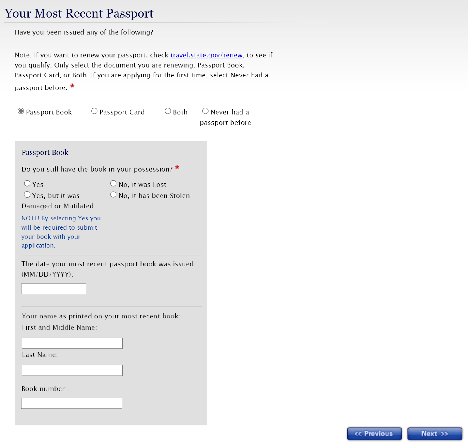 fill out info about your most recent passport