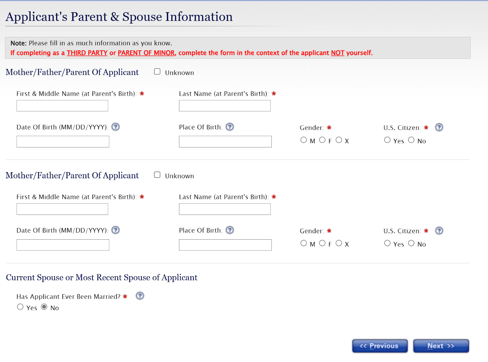 fill out applicant's parent & spouse information