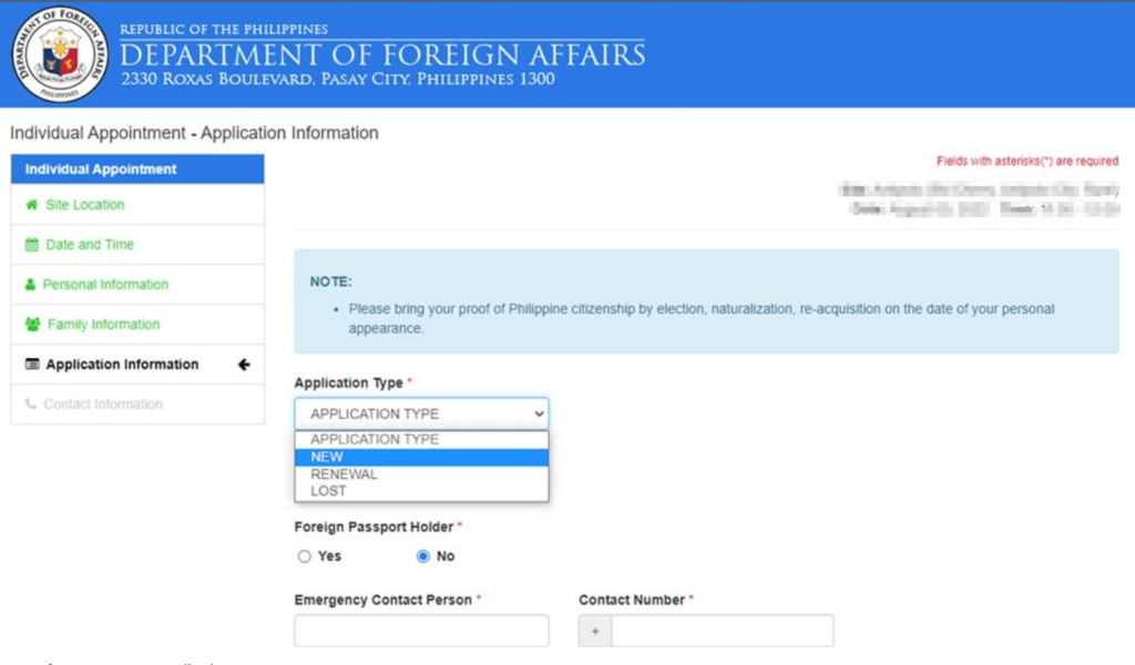 fill out the online application on philippine passport appointment system