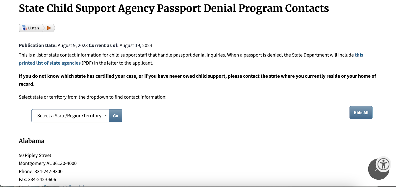 state child support agency passport denial program contacts