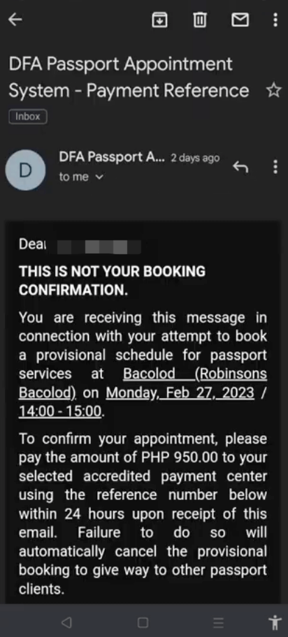 confirmation email from the DFA Passport Appointment