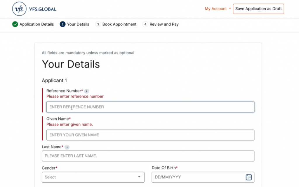 fill in details in VFS global