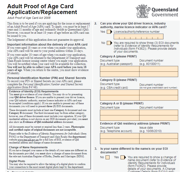 Queensland Adult Proof of Age Card Application Form