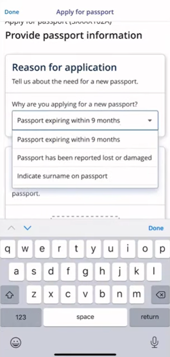 select reason for passport application