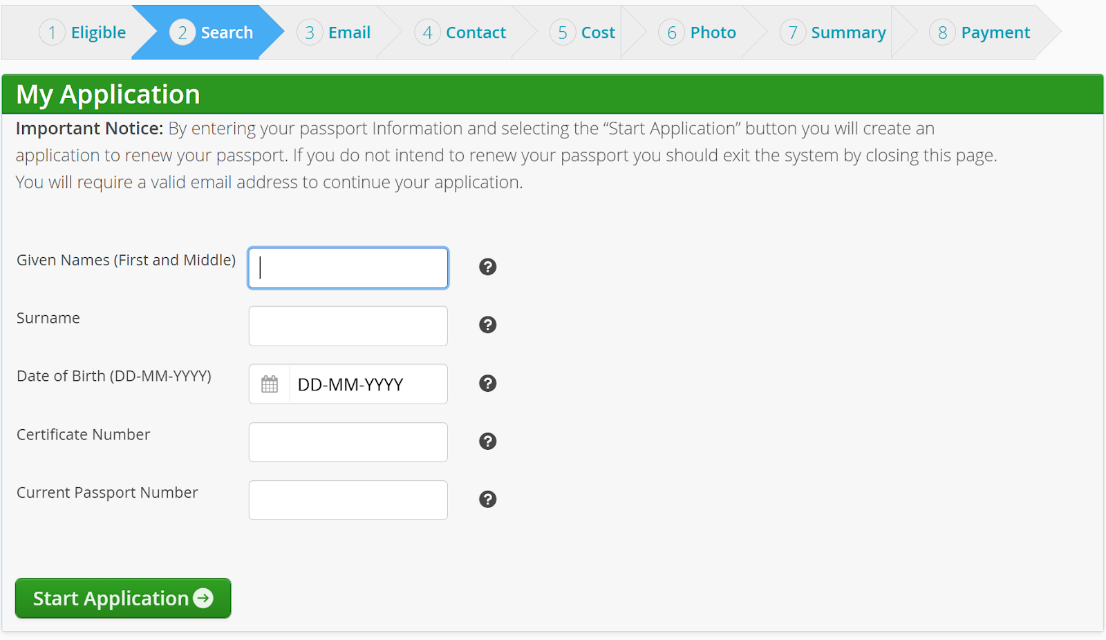 Enter your name, date of birth, certificate number, and current passport number