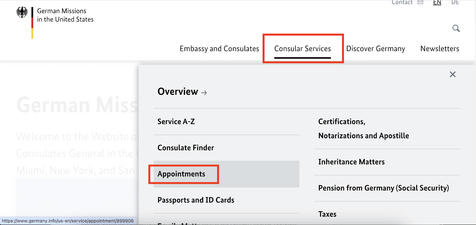 Select “Consular Services” and click “Appointment”