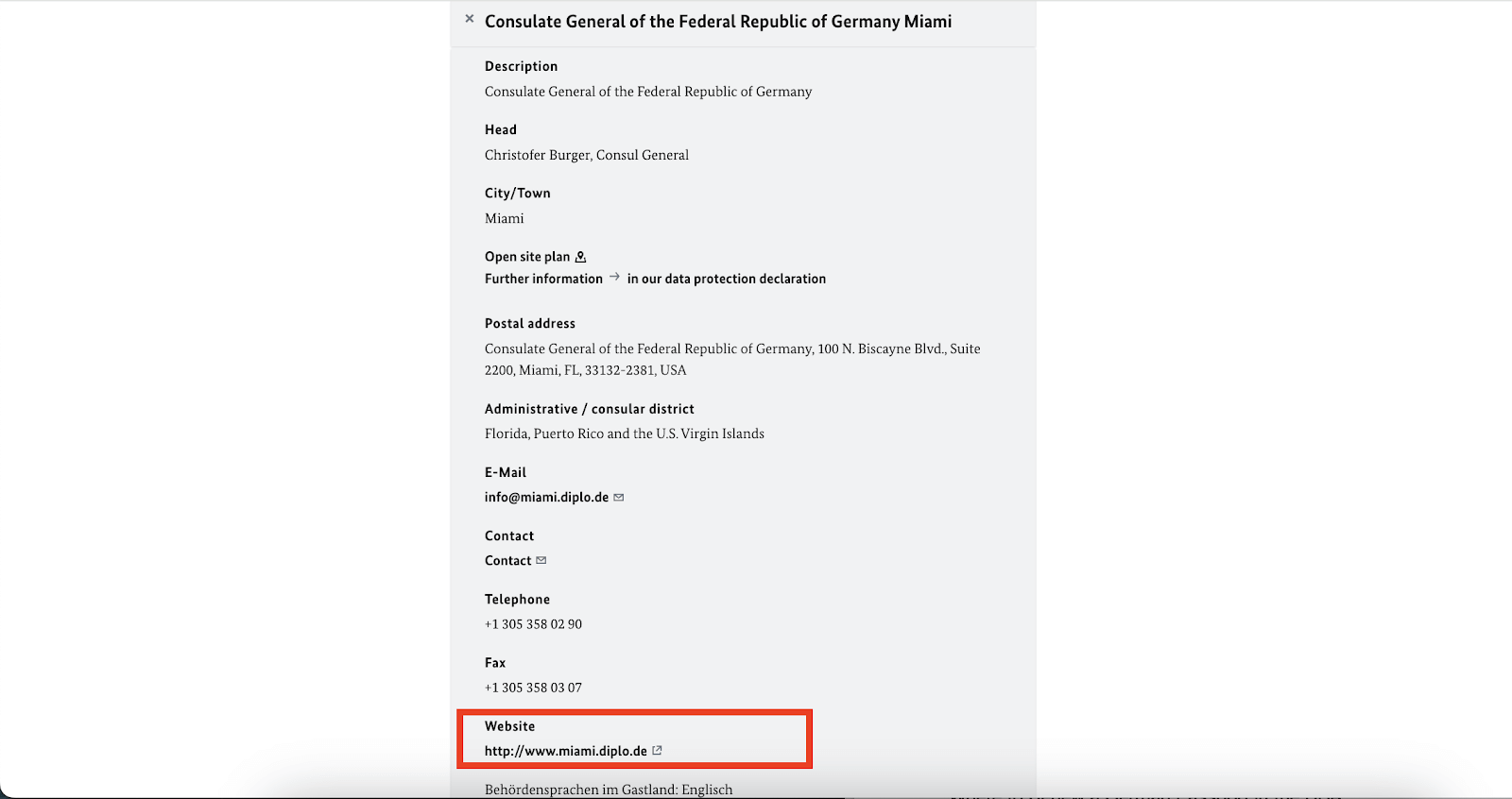 website of the Consulate General in Miami