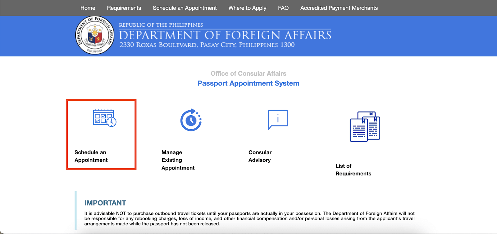 Philippines Passport Appointment System website