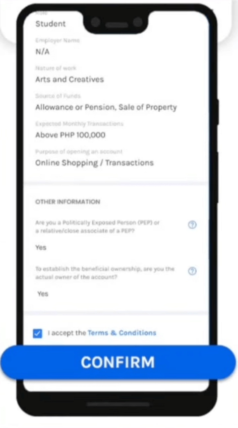 Provide all required details and tap "CONFIRM".