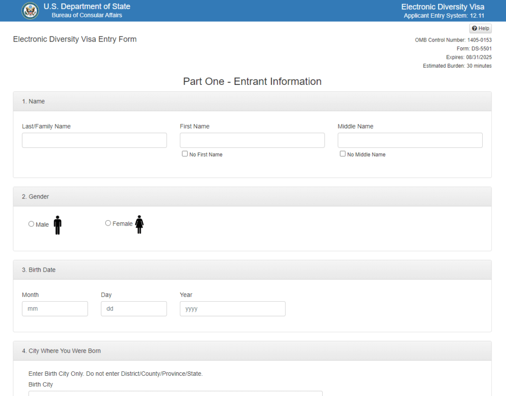 input information on Electronic Diversity Visa (E-DV) website