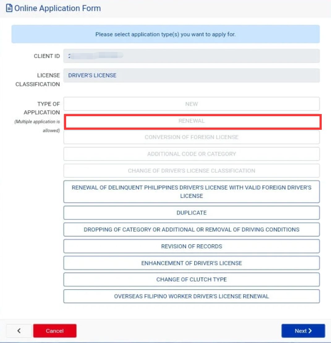 Choose "Renewal" for TYPE OF APPLICATION. Click the Next button to continue