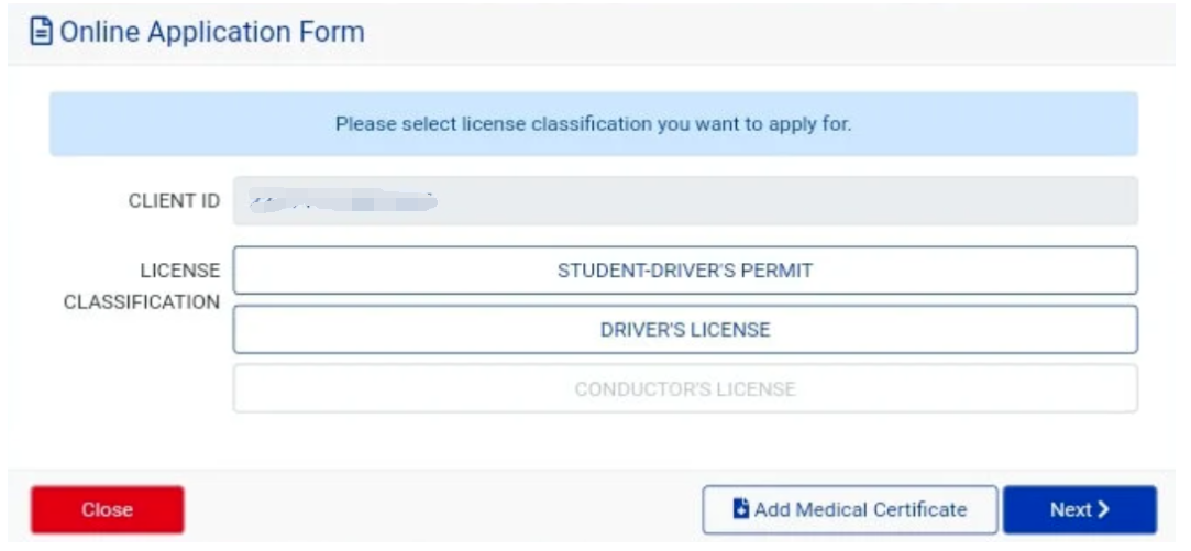 Choose "DRIVER’S LICENSE" for LICENSE CLASSIFICATION