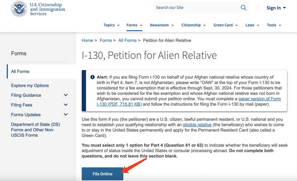 File Form I-130 Petition online