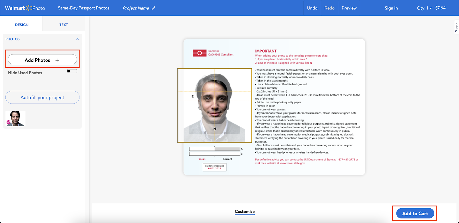 upload photo to Walmart Passport Photo Tool