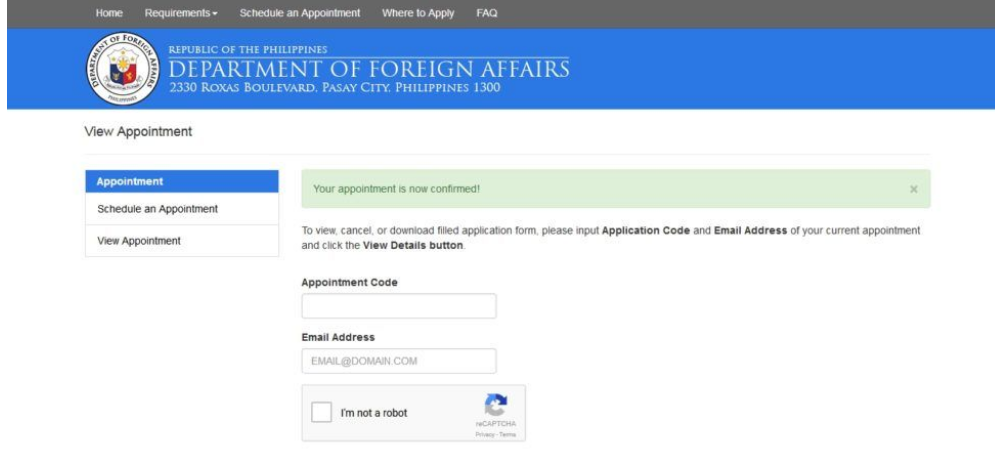 DFA appointment code