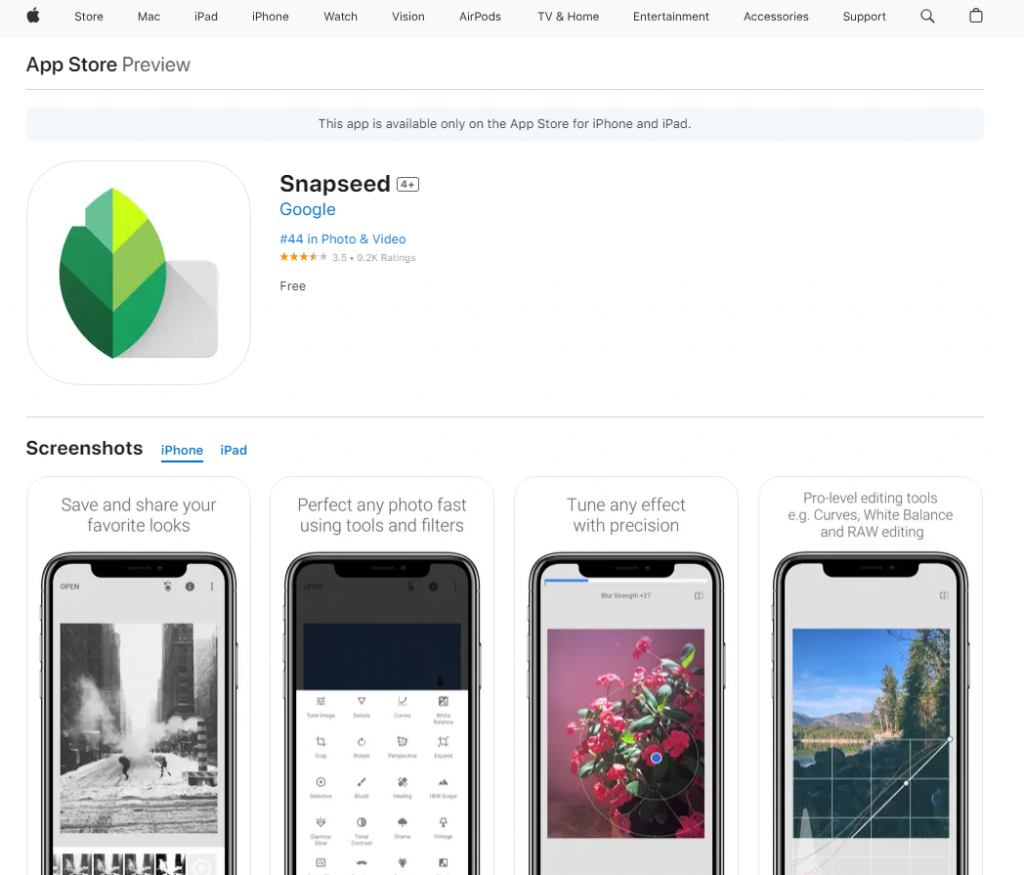 Snapseed on Apple store