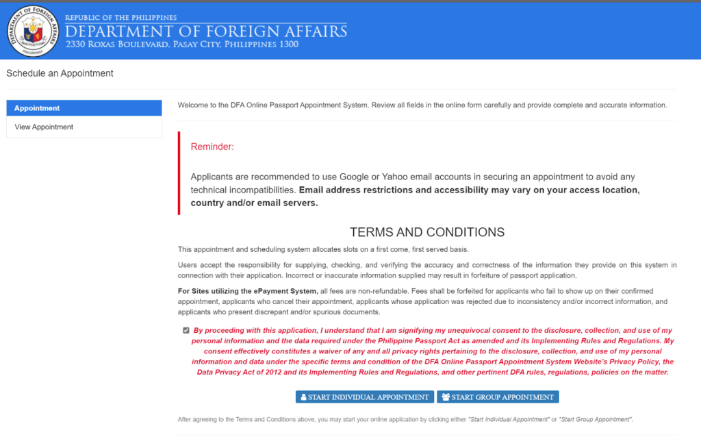 philippine passport appointment system terms and conditions