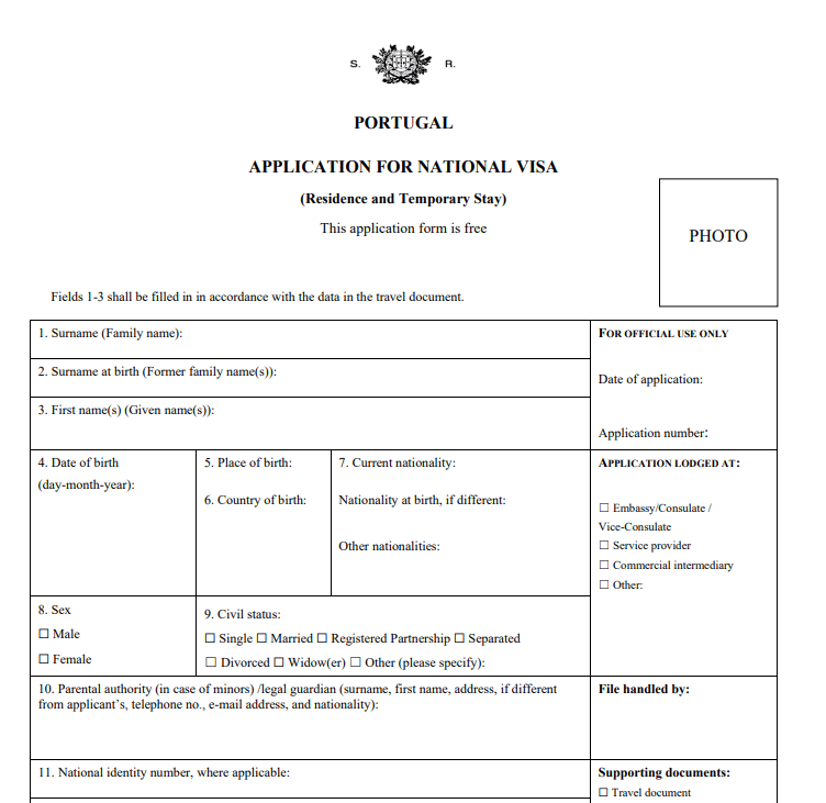 portugal visa application form