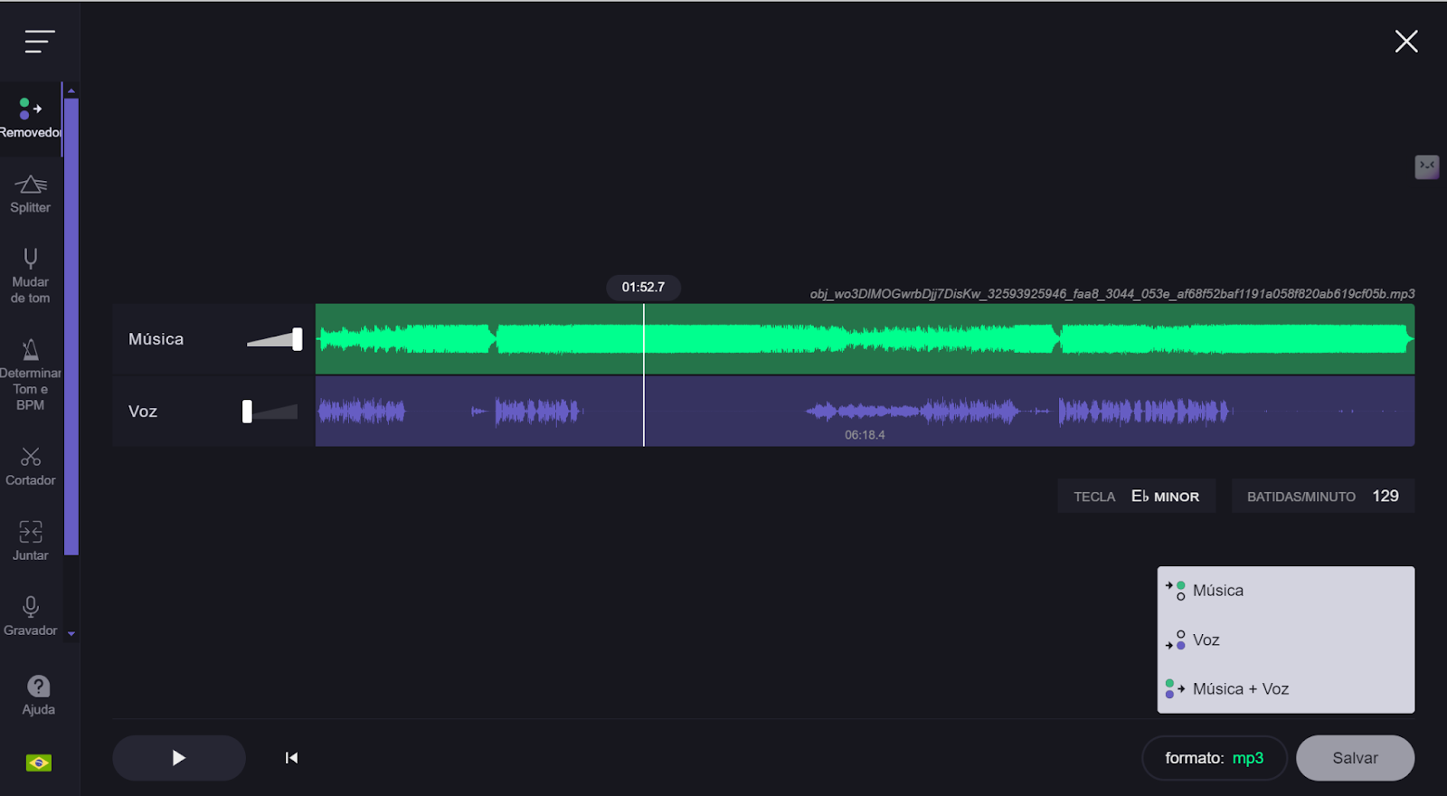 remover voz de músicas em VocalRemover.org