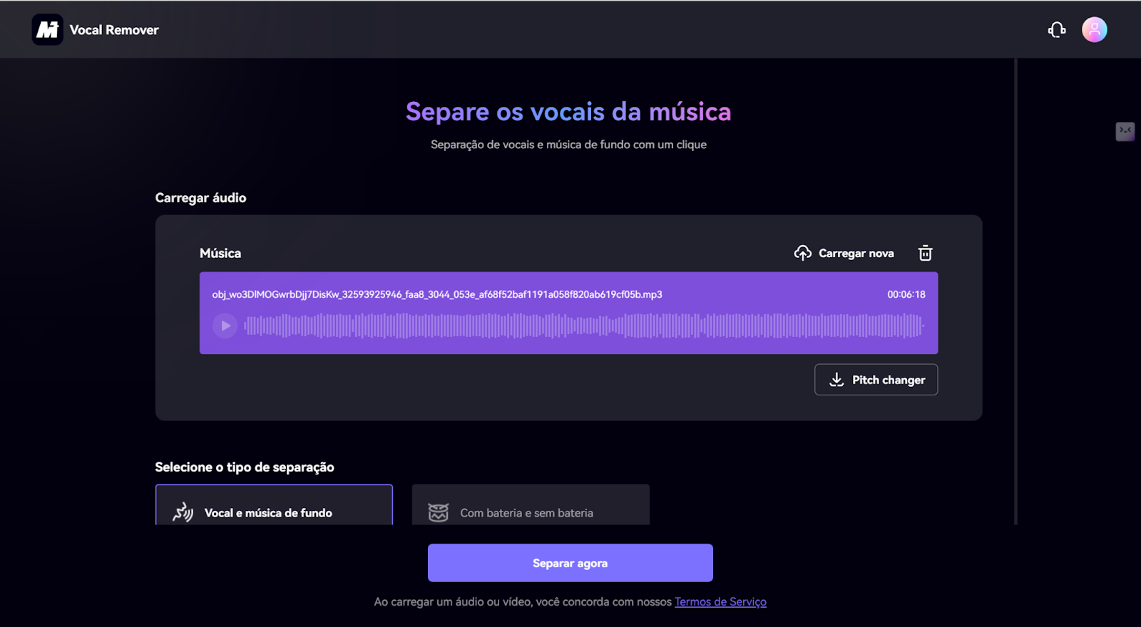 separe a voz da música em media.io